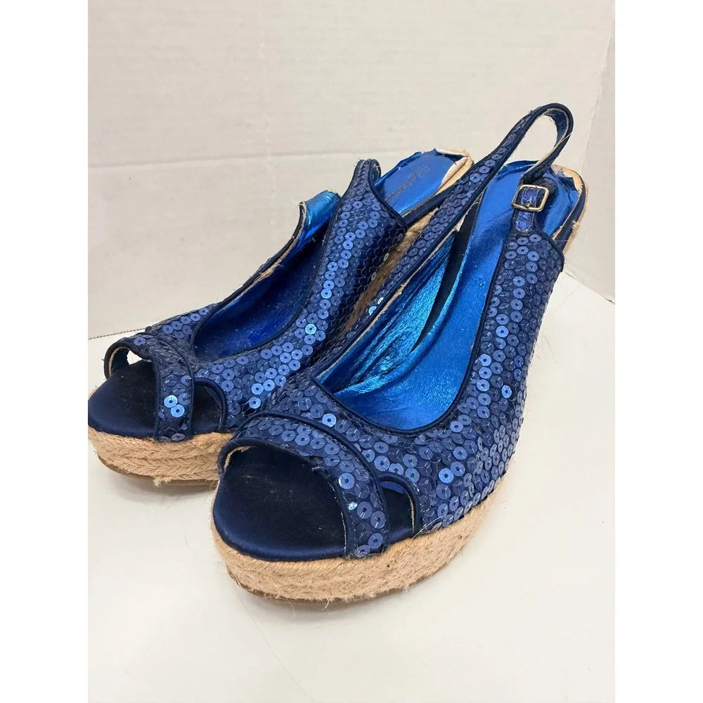 Zigisoho Blue Sequin Espadrille Wedge Sandals Slingback Peep Toe Platform Shoes